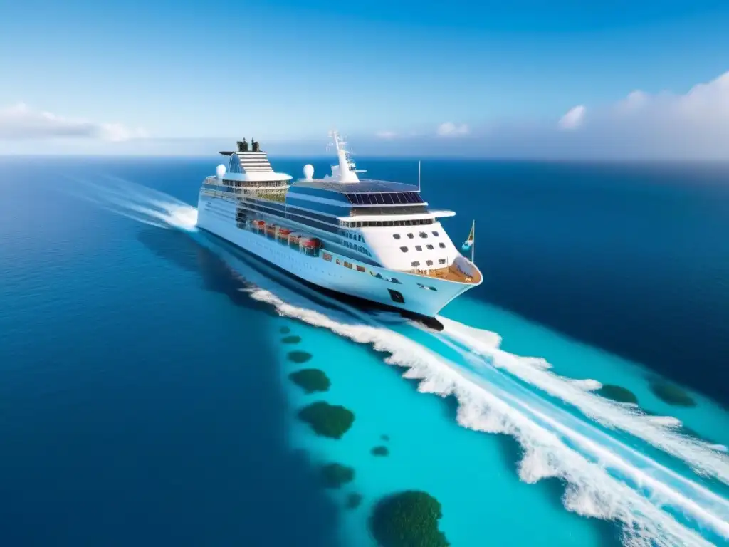 Un crucero ecológico futurista navega en aguas turquesa rodeado de vida marina y islas verdes, destacando la innovación en diseño y sustentabilidad