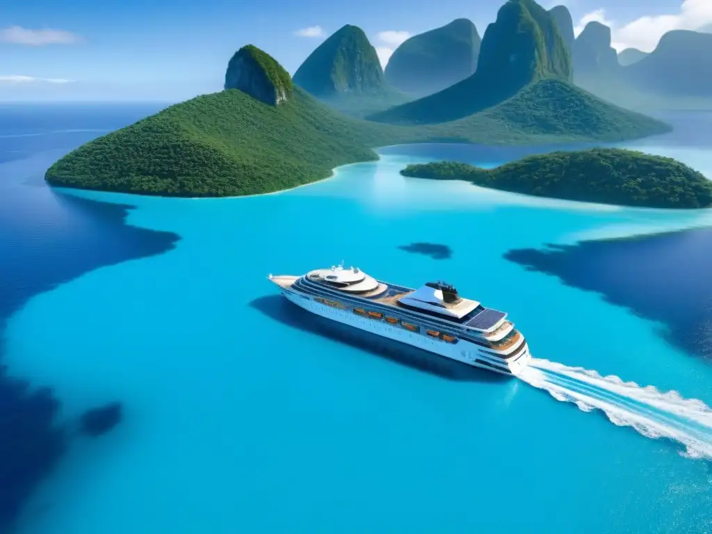 Un crucero ecológico turismo marítimo futurista surca aguas turquesas con paneles solares y vegetación, uniendo naturaleza y tecnología