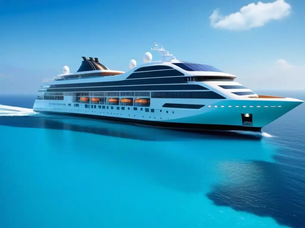 Un crucero ecológico futurista, tecnología en cruceros ecológicos, navegando en aguas turquesas