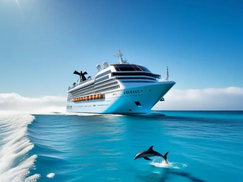 Un crucero ecológico futurista con energías renovables navegando en aguas turquesas, acompañado de delfines juguetones