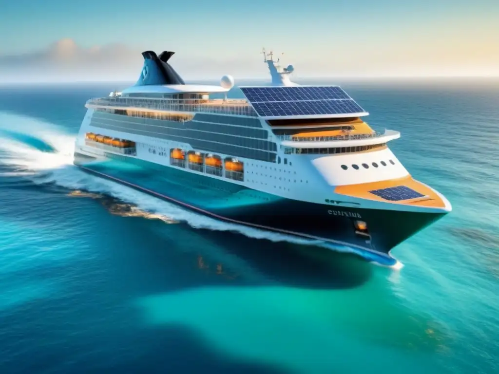 Un crucero ecológico futurista con innovaciones sostenibles turismo marítimo, rodeado de costa verde y delfines saltando al atardecer