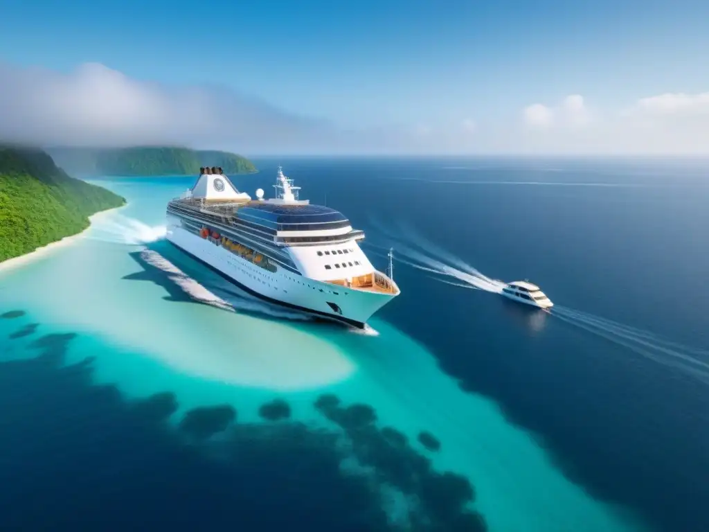 Un crucero ecológico futurista con sistemas híbridos navegando en aguas cristalinas, armonizando innovación y naturaleza