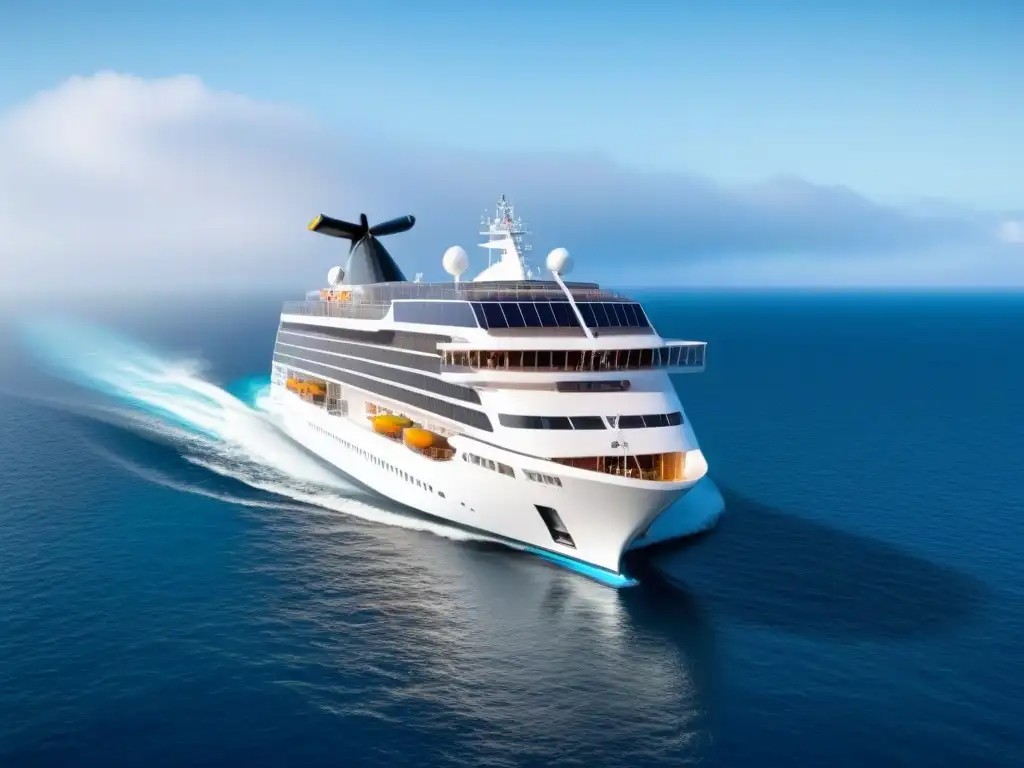 Un crucero ecológico futurista con tecnología innovadora surca aguas cristalinas, en armonía con la naturaleza marina