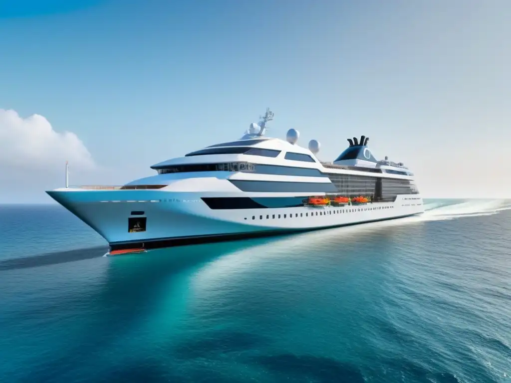 Un crucero ecológico futurista con tecnología sostenible navega hacia un horizonte prometedor de conservación ambiental