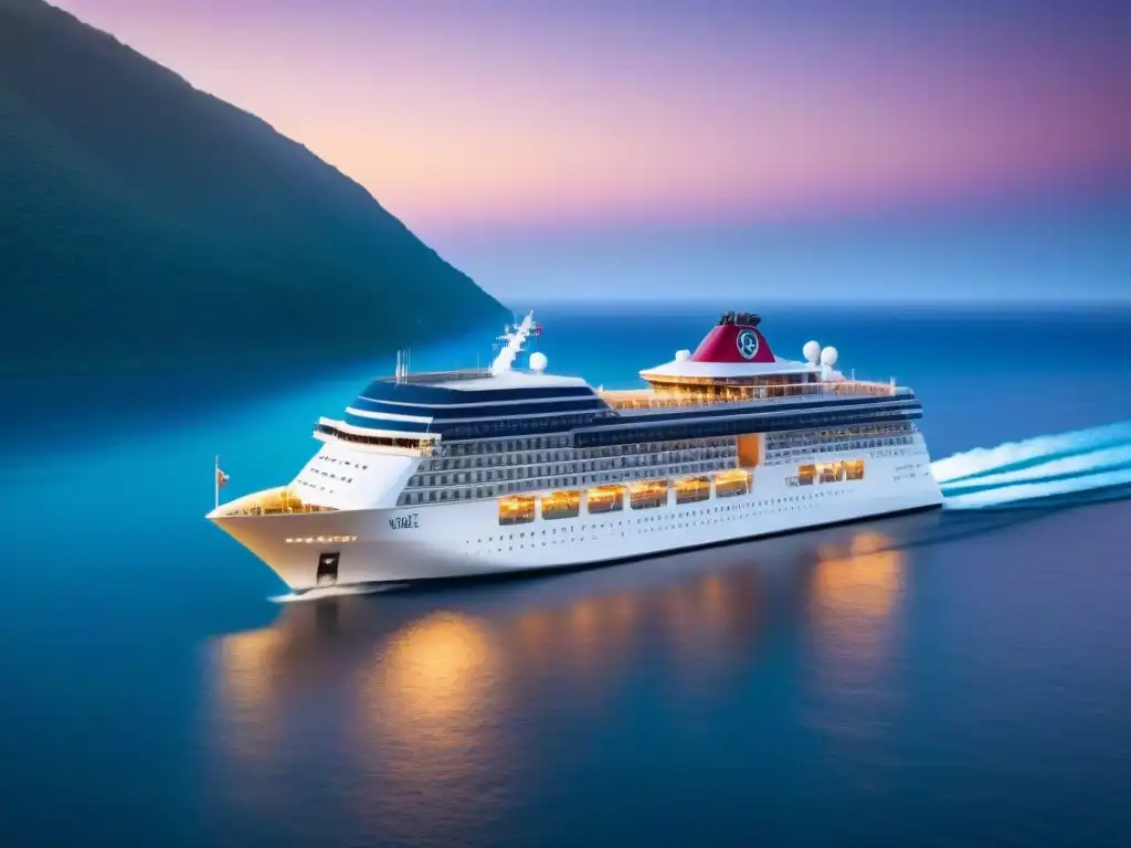 Un crucero ecológico futurista navega bajo un vibrante atardecer, con vegetación y paneles solares, evocando momentos icónicos de cruceros en el cine