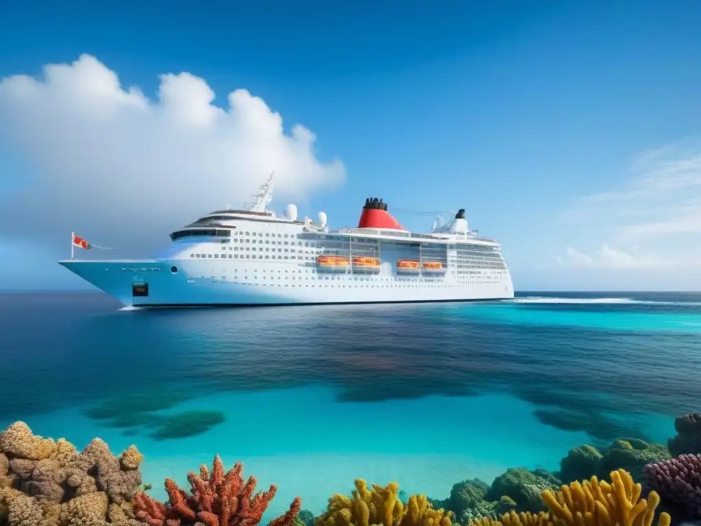 Un crucero ecológico navega con gracia en aguas cristalinas, rodeado de un arrecife de coral vibrante