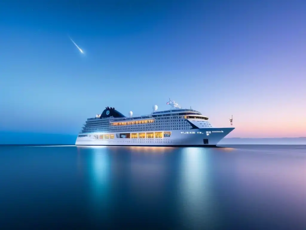 Un crucero ecológico con propulsión híbrida navegando bajo un cielo estrellado en aguas cristalinas