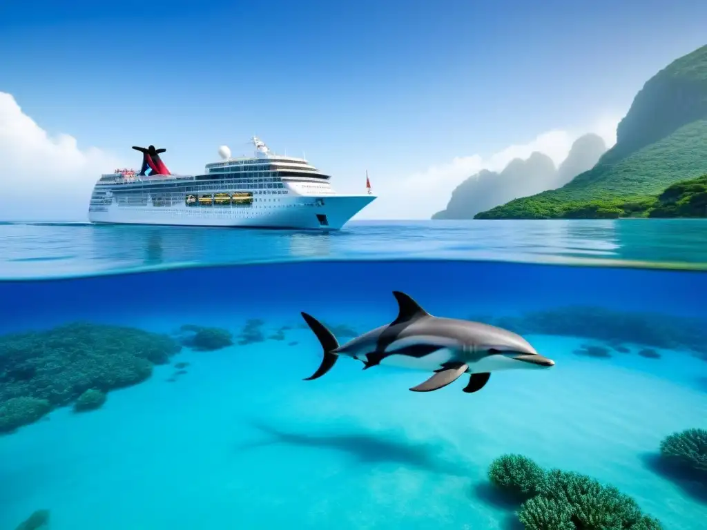 Un crucero ecológico con diseño innovador surca aguas turquesas, rodeado de delfines juguetones