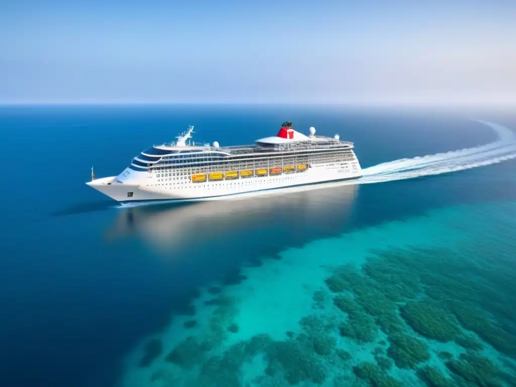 Un crucero ecológico innovador surcando aguas cristalinas, rodeado de vegetación y vida marina colorida