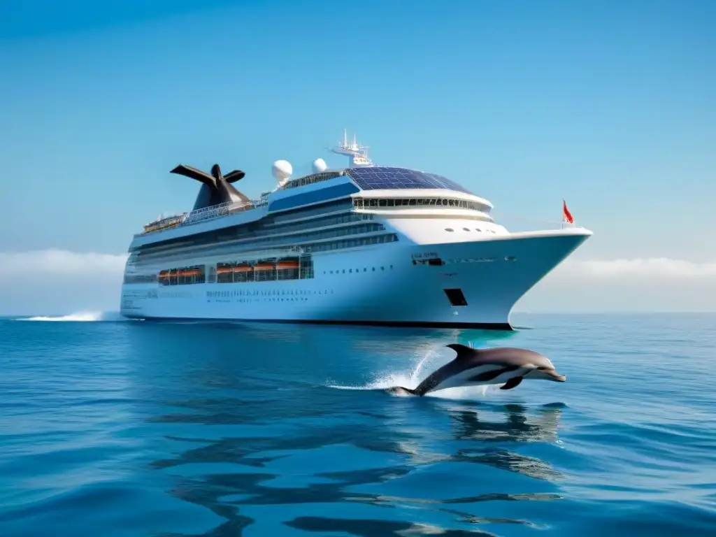 Un crucero ecológico innovador y sostenible con impacto positivo, rodeado de delfines juguetones en aguas cristalinas y paisajes naturales exuberantes