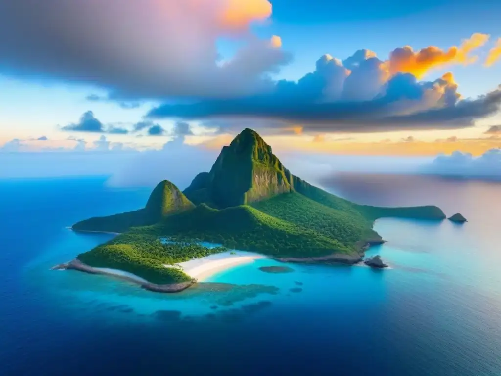 Crucero ecológico por islas secretas: paisaje idílico de isla virgen con aguas turquesas, coral colorido y aves tropicales en vuelo al atardecer