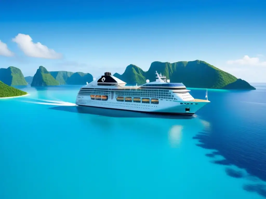 Un crucero ecológico navega entre islas tropicales en aguas cristalinas, destacando su diseño futurista y tecnología verde