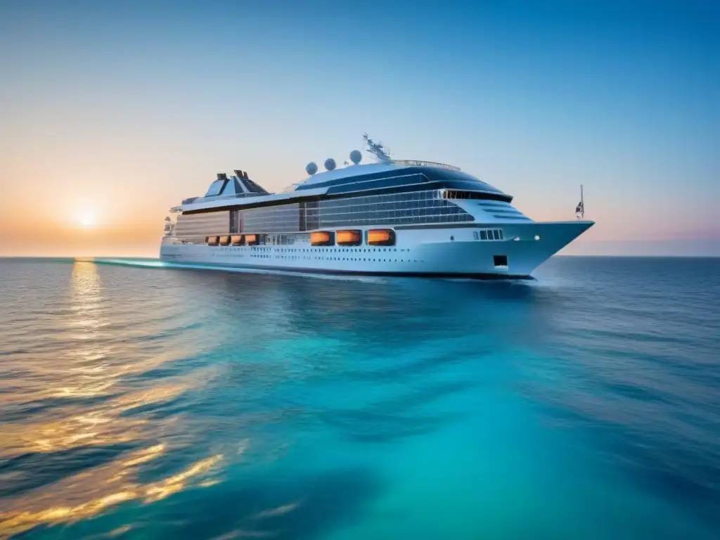 Un crucero ecológico de lujo navegando en aguas turquesas con paneles solares y vegetación, tendencia inversión