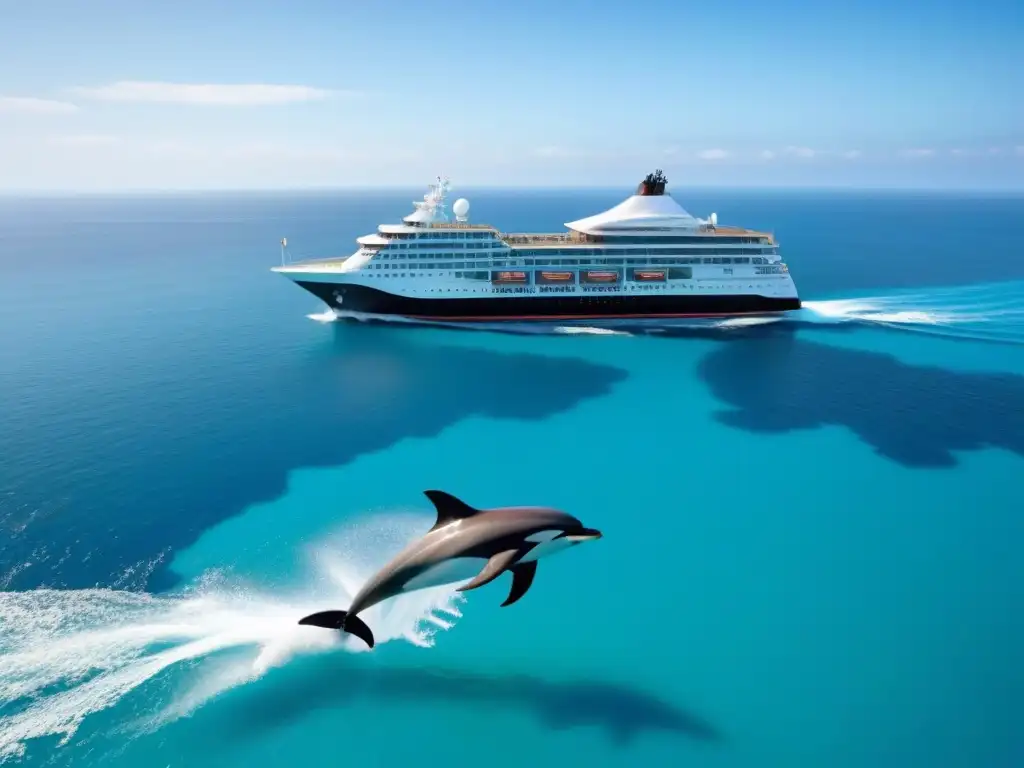 Un crucero ecológico en alta mar, con diseño sostenible y rodeado de delfines juguetones y islas verdes