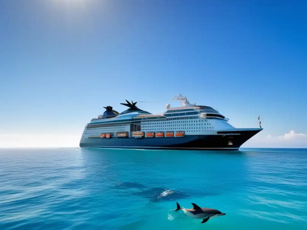 Un crucero ecológico en alta mar rodeado de delfines y aves marinas bajo un cielo azul claro, mostrando su compromiso con la sostenibilidad