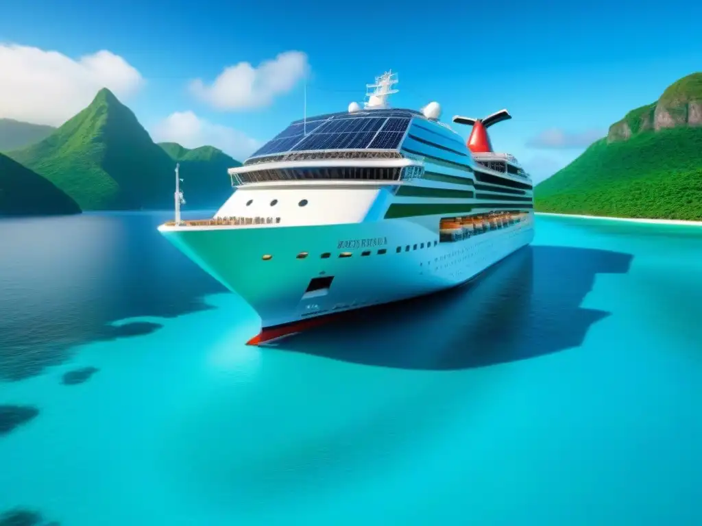 Un crucero ecológico turismo marítimo navegando en aguas cristalinas con paneles solares y vegetación, promoviendo la sostenibilidad y la innovación