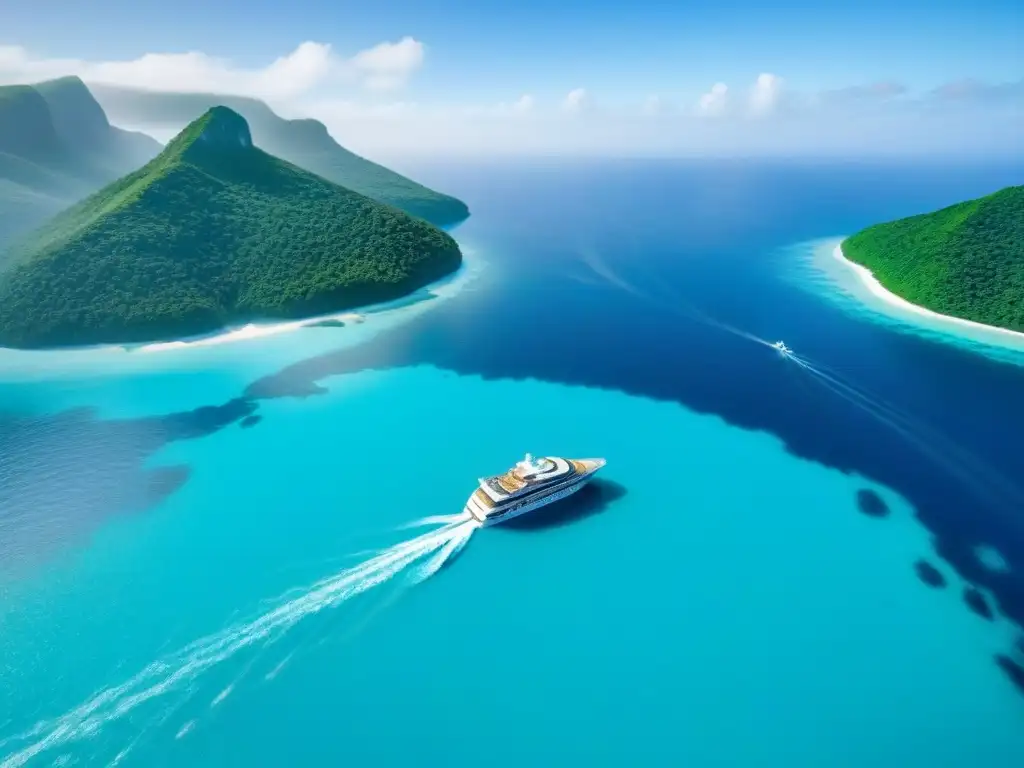 Un crucero ecológico turismo marítimo en aguas turquesas, rodeado de islas verdes y delfines juguetones