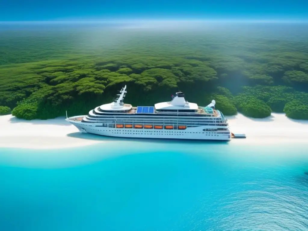 Un crucero ecológico moderno surcando aguas turquesa, rodeado de vida marina y energía renovable, ideal para seguros de crucero ecológicos