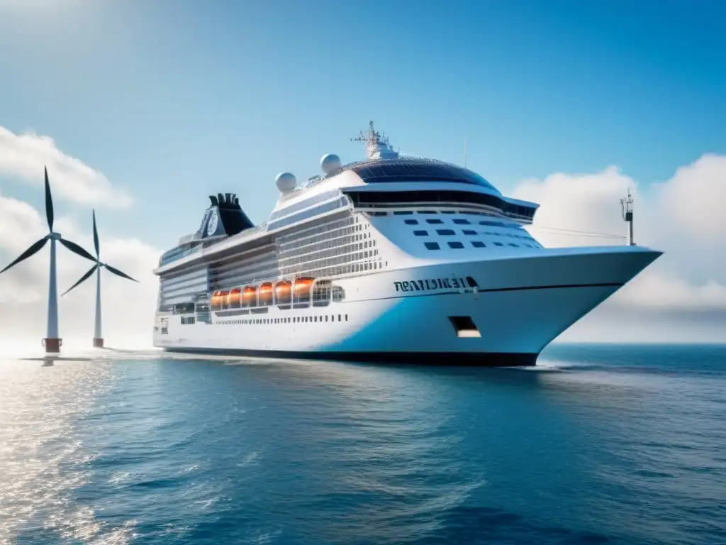 Un crucero ecológico moderno navega en aguas tranquilas, con paneles solares y turbinas eólicas