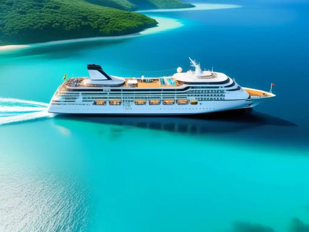 Un crucero ecológico moderno surcando aguas cristalinas con vegetación exuberante y vida marina