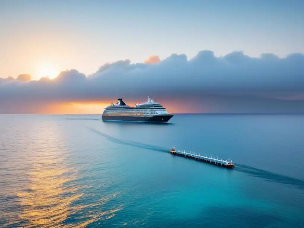 Un crucero ecológico moderno navegando en aguas cristalinas al atardecer, con paneles solares y turbinas eólicas, acompañado de delfines