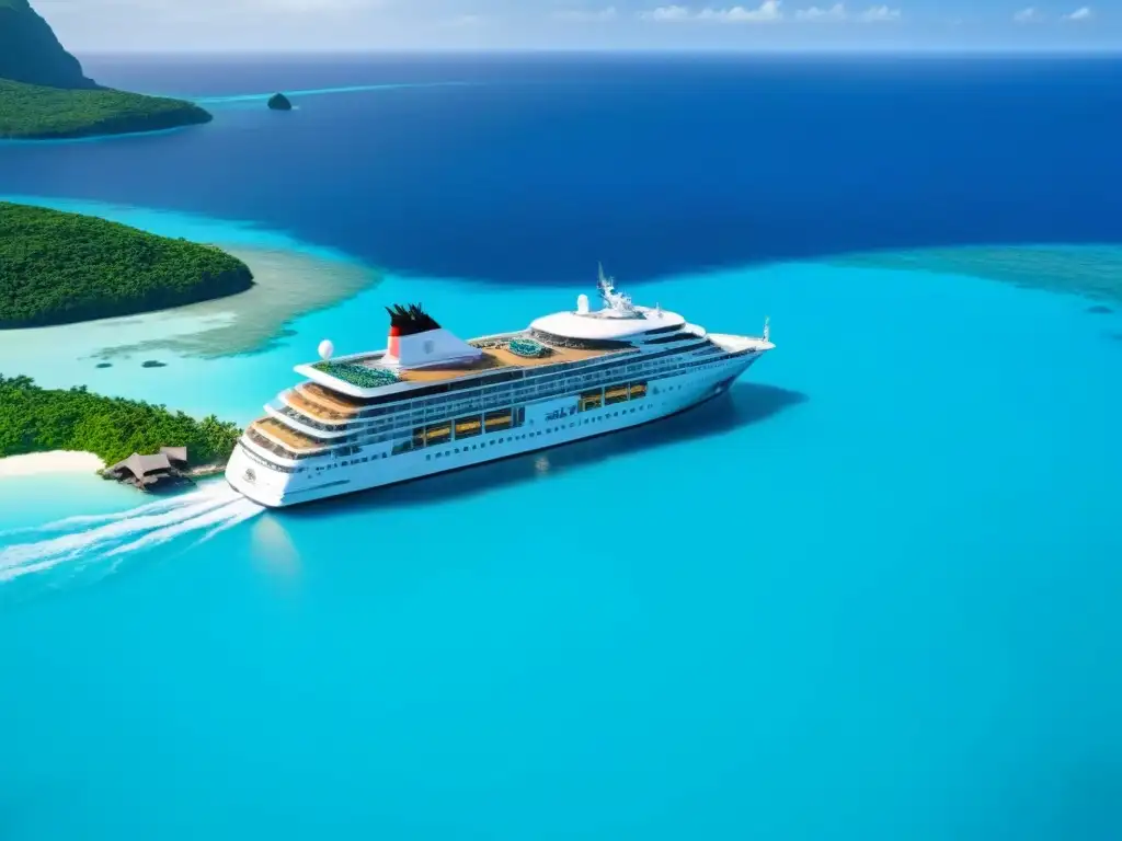 Un crucero ecológico moderno navega en aguas turquesas, rodeado de vegetación exuberante en islas tropicales, destacando el turismo marítimo ecológico responsable