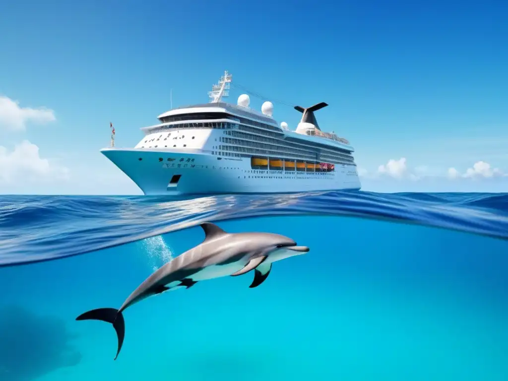 Un crucero ecológico moderno surca aguas turquesas rodeado de delfines y peces tropicales