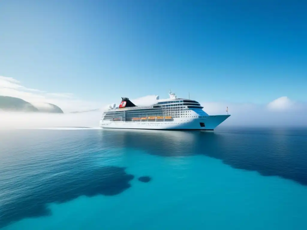 Un crucero ecológico moderno navega en aguas turquesa, destacando su diseño futurista y amigable con el ambiente