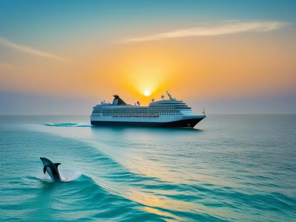 Un crucero ecológico moderno navegando con delfines al atardecer