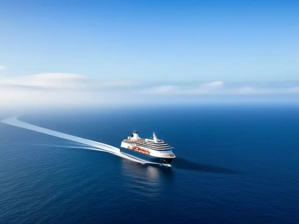 Un crucero ecológico navegando en un océano azul cristalino, transmitiendo tranquilidad y armonía ambiental