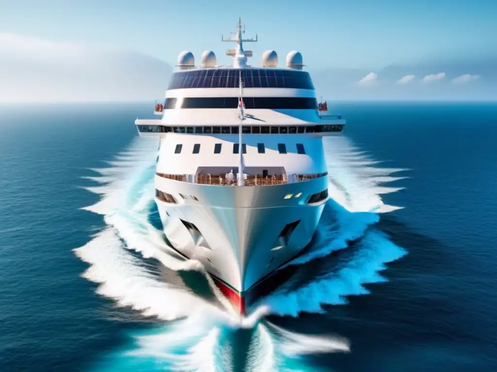 Crucero ecológico en un océano cristalino, con diseño sostenible y tecnologías verdes, rodeado de vida marina