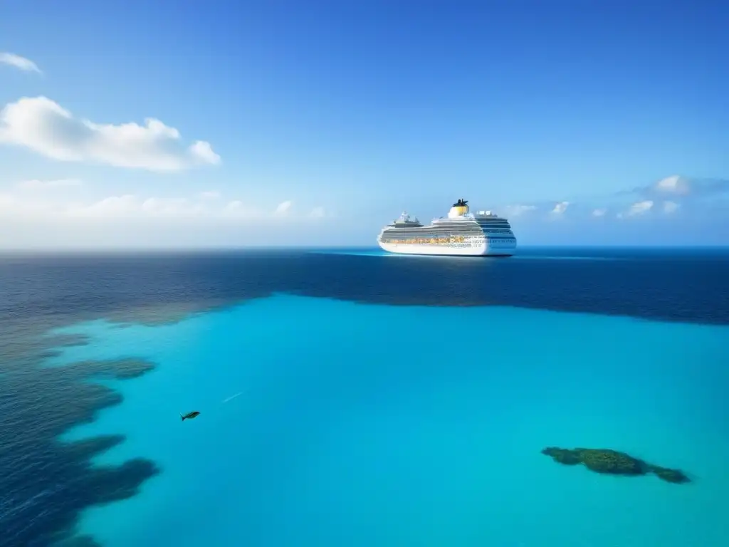 Un crucero ecológico surca un océano turquesa, con peces coloridos y cielo azul