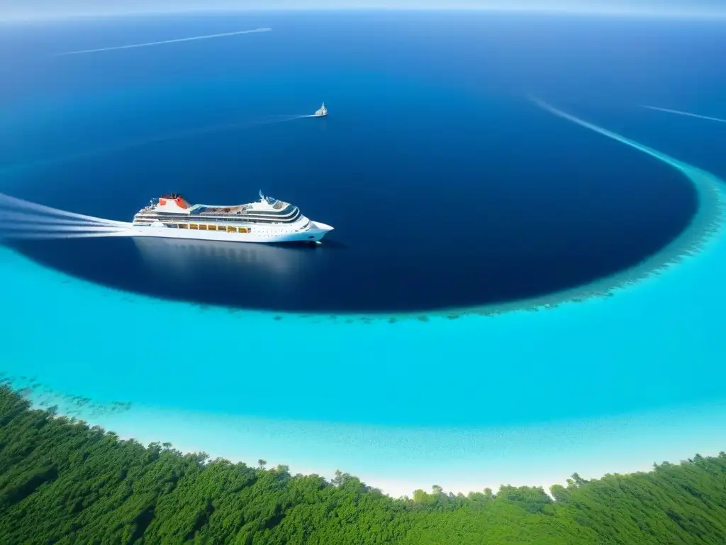 Un crucero ecológico salvando océanos en aguas turquesas, rodeado de vida marina y vegetación exuberante