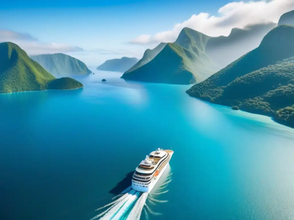 Un crucero ecológico respetuoso del medio ambiente navegando en aguas turquesas con islas verdes al fondo