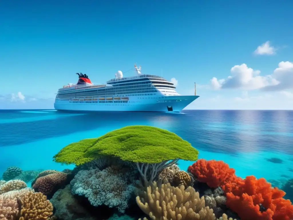 Un crucero ecológico sostenible flotando en aguas cristalinas rodeado de arrecifes de coral vibrantes y vida marina colorida