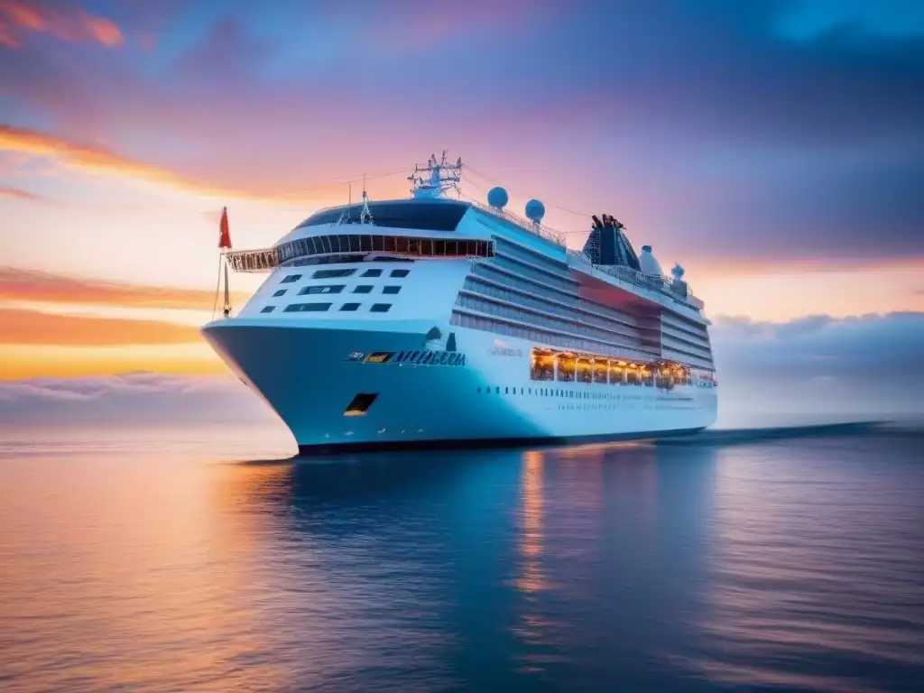 Un crucero ecológico sostenible en alta mar, navegando bajo un vibrante atardecer, rodeado de vida marina colorida