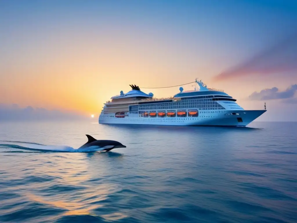 Un crucero ecológico sostenible en alta mar bajo un atardecer vibrante, con delfines jugando