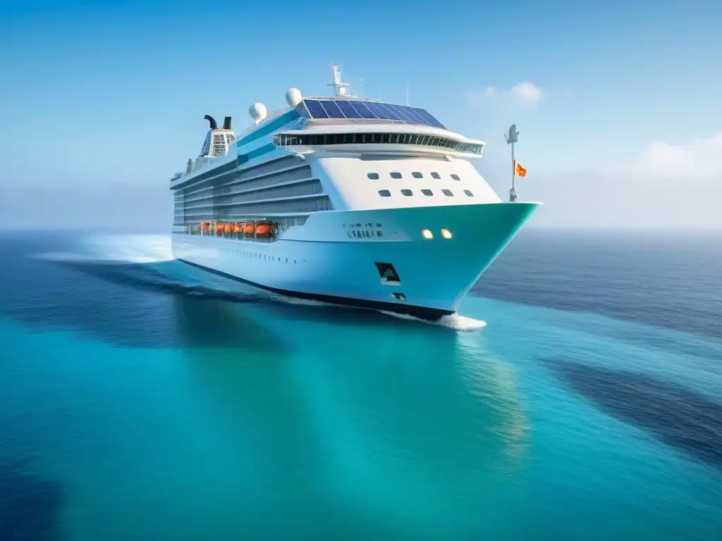 Un crucero ecológico sostenible del futuro navega entre aguas cristalinas y naturaleza exuberante