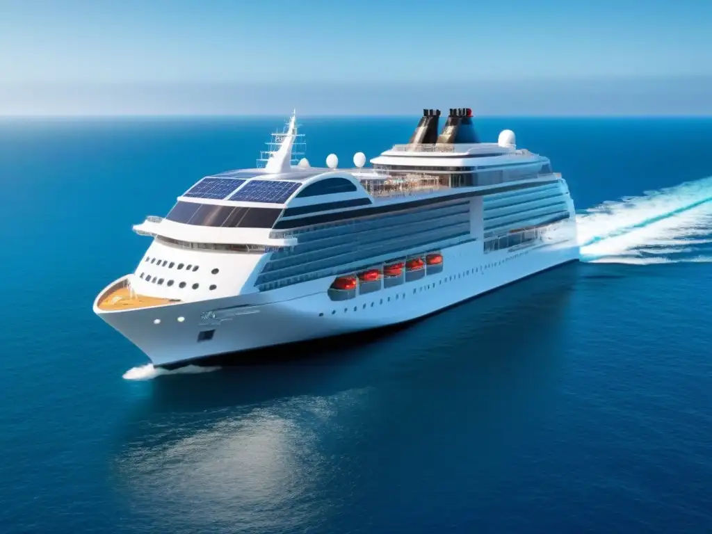 Un crucero ecológico con tecnología solar navegando bajo el sol en un mar cristalino