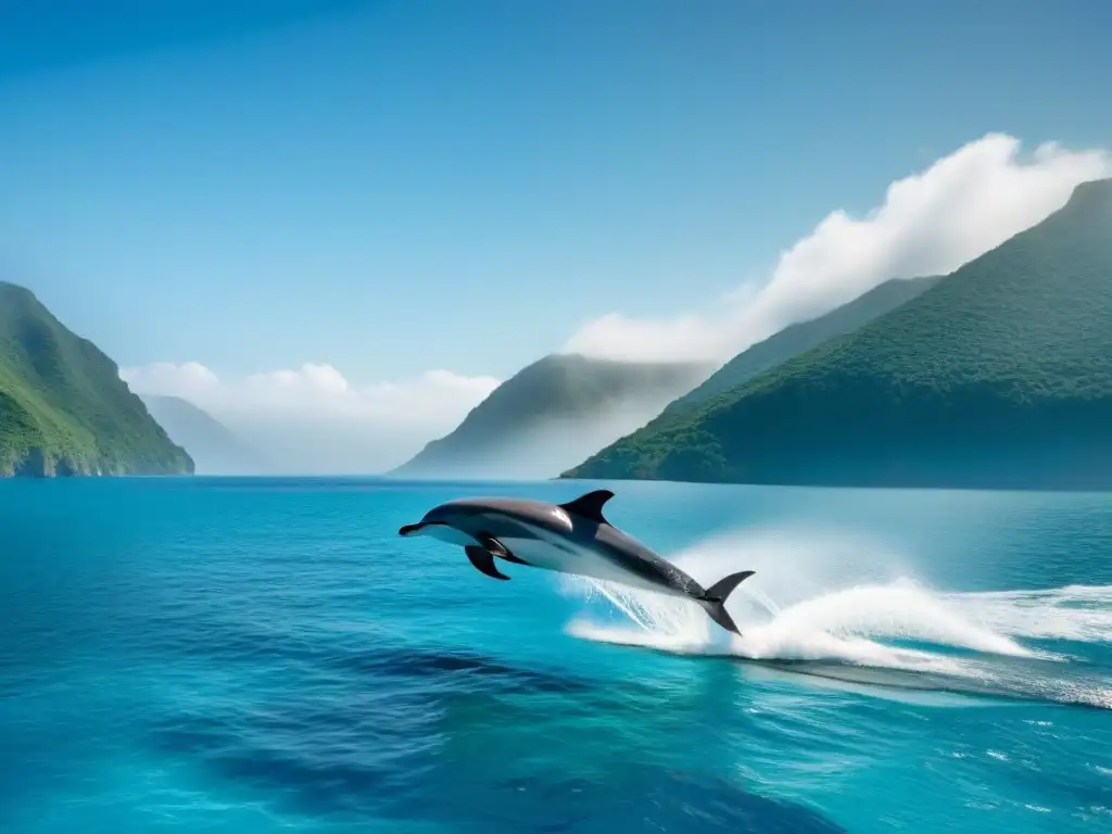 Un crucero ecológico turístico navegando en aguas turquesa, con delfines jugando, rodeado de montañas verdes y cielo azul claro