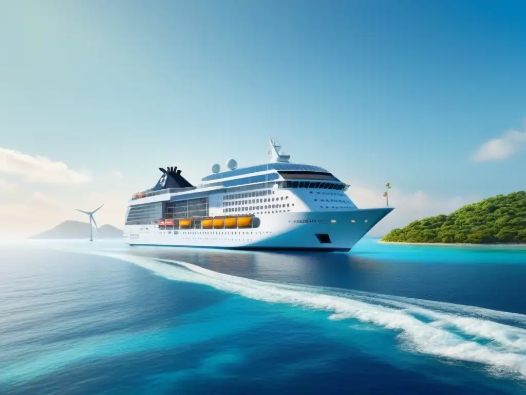 Un crucero ecológico navegando entre la vida marina, con paneles solares y turbinas eólicas