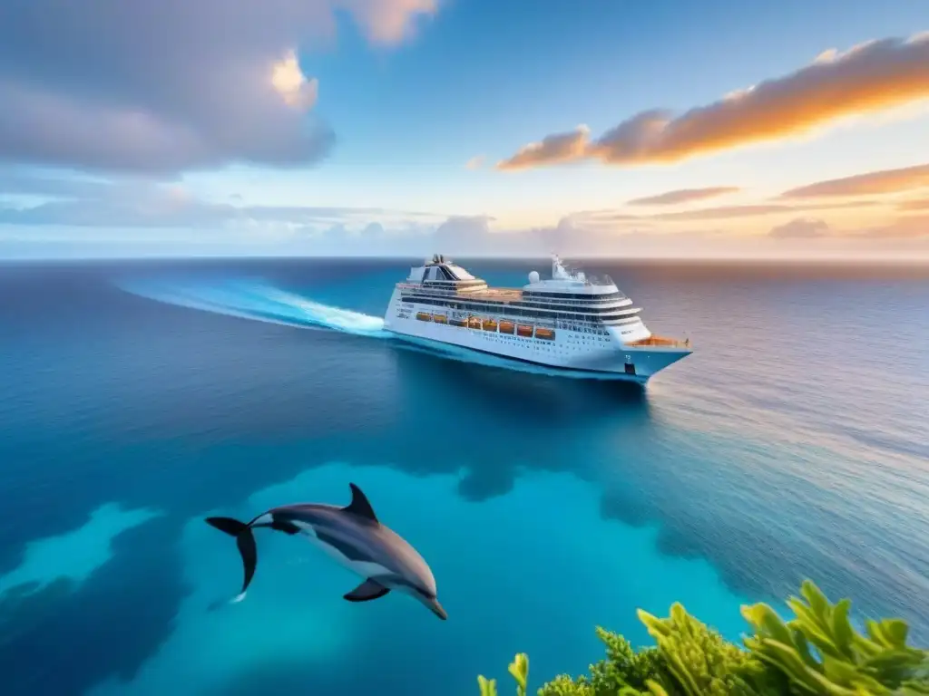 Un crucero ecológico para conservación navegando entre vida marina vibrante en aguas cristalinas al atardecer