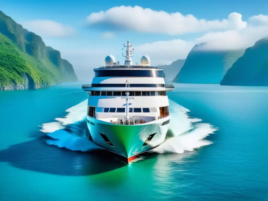 Un crucero eléctrico moderno surcando aguas turquesas, rodeado de islas verdes y cielo azul