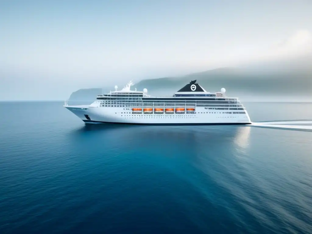 Un crucero elegante surca aguas azules dejando huella de carbono, representando el impacto ambiental del turismo marítimo