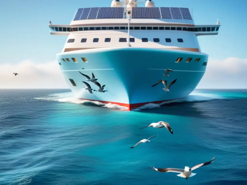 Crucero eco-friendly: armonía entre viajes marítimos y vida marina Un crucero elegante navega en aguas azules, con aves y peces coloridos, destacando la reducción de desperdicio en cruceros marítimos