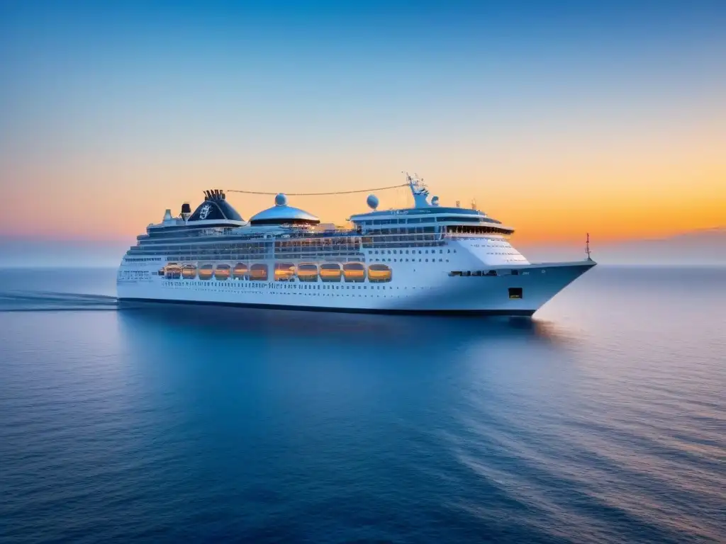 Un crucero elegante en aguas calmas al atardecer, ideal para reservar cruceros baratos en las mejores épocas