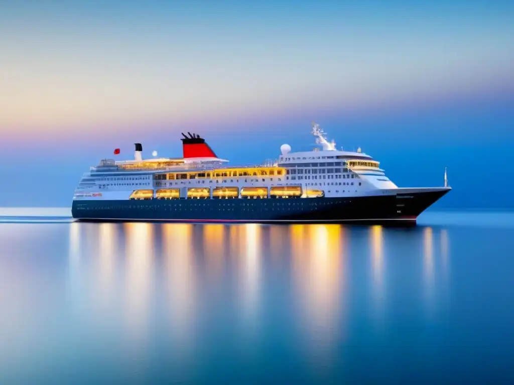 Un crucero elegante navega tranquilamente en aguas calmas bajo un cielo azul, reflejando seguridad