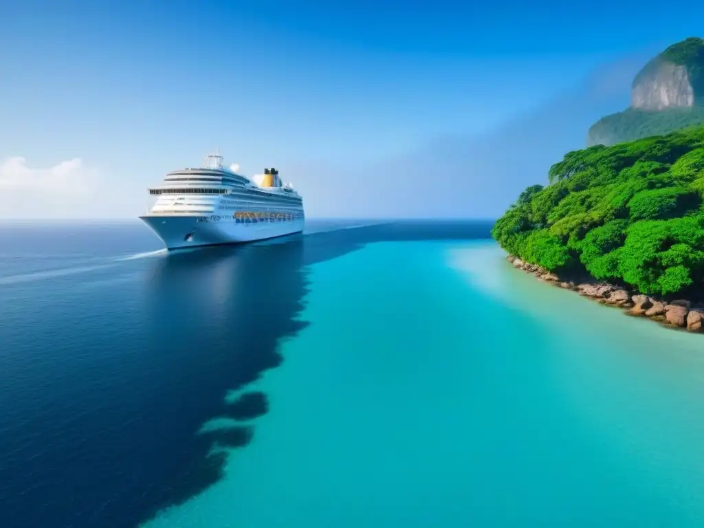 Un crucero elegante navega en aguas cristalinas, rodeado de exuberante naturaleza