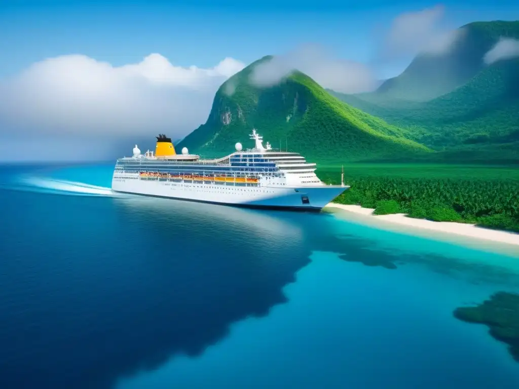 Un crucero elegante surca aguas cristalinas entre islas tropicales, destacando la armonía entre viajes modernos y entornos naturales