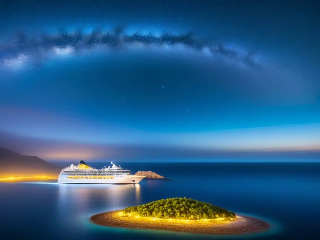 Un crucero elegante navega en aguas cristalinas bajo un cielo estrellado, revelando tesoros ocultos en el fondo marino